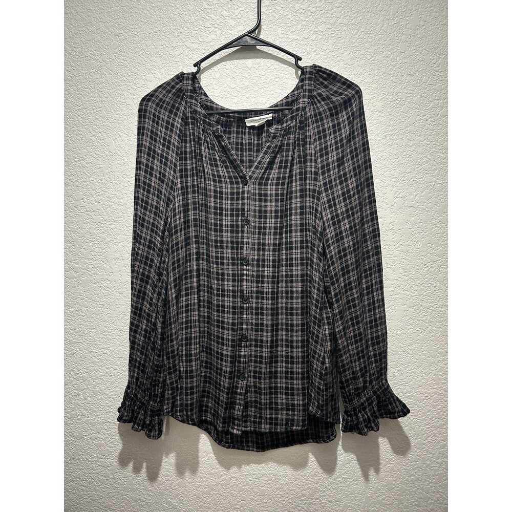 Beachlunchlounge Luna Plaid Ruffle Long Sleeve Blouse Black Grey Top Size Small